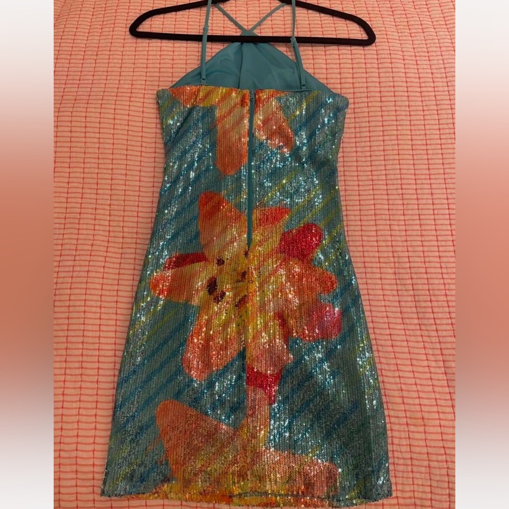 Junior’s T-Neck Lily Placement Sequin Bodycon Dress - Picture 5 of 6